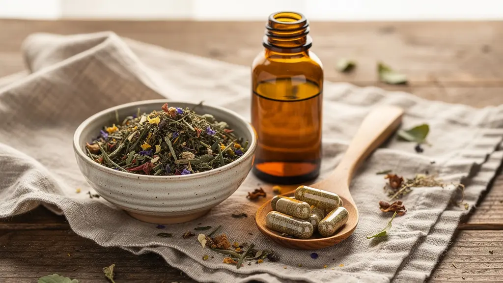 Tisane en vrac, gélules végétales et flacon de teinture-mère sur table naturelle