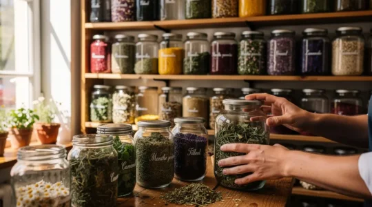 Étagères d'une herboristerie avec bocaux de plantes médicinales colorées