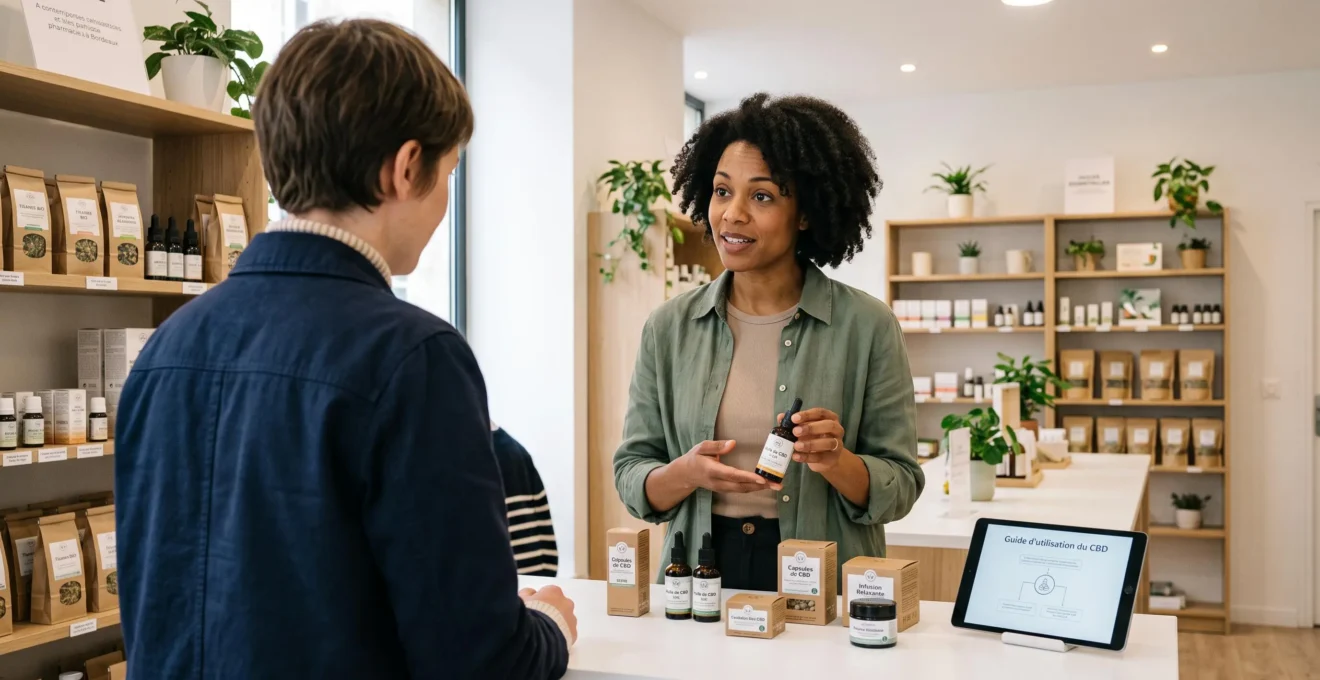 Conseiller spécialisé présentant des produits CBD à un client dans une boutique de santé naturelle moderne