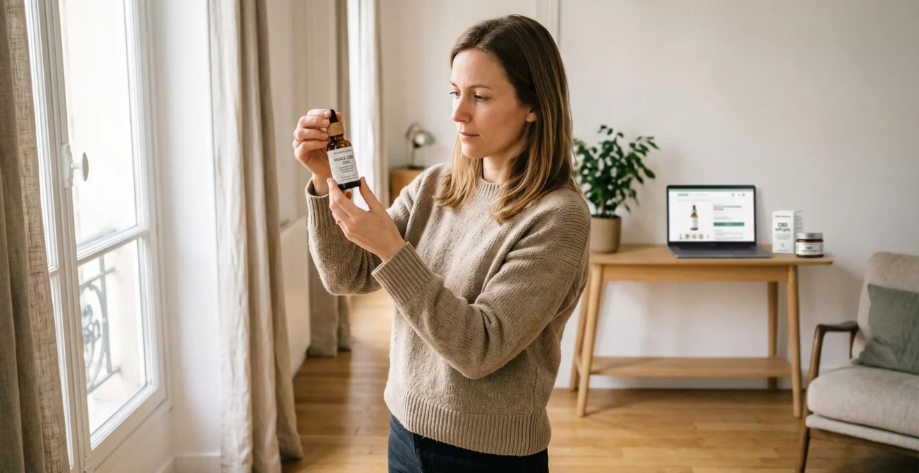 Personne examinant attentivement l'étiquette d'un flacon d'huile de CBD dans un intérieur moderne avec ordinateur portable en arrière-plan