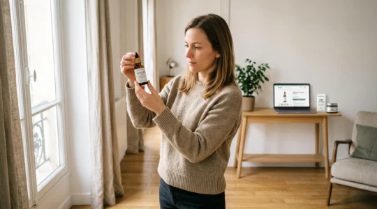 Personne examinant attentivement l'étiquette d'un flacon d'huile de CBD dans un intérieur moderne avec ordinateur portable en arrière-plan