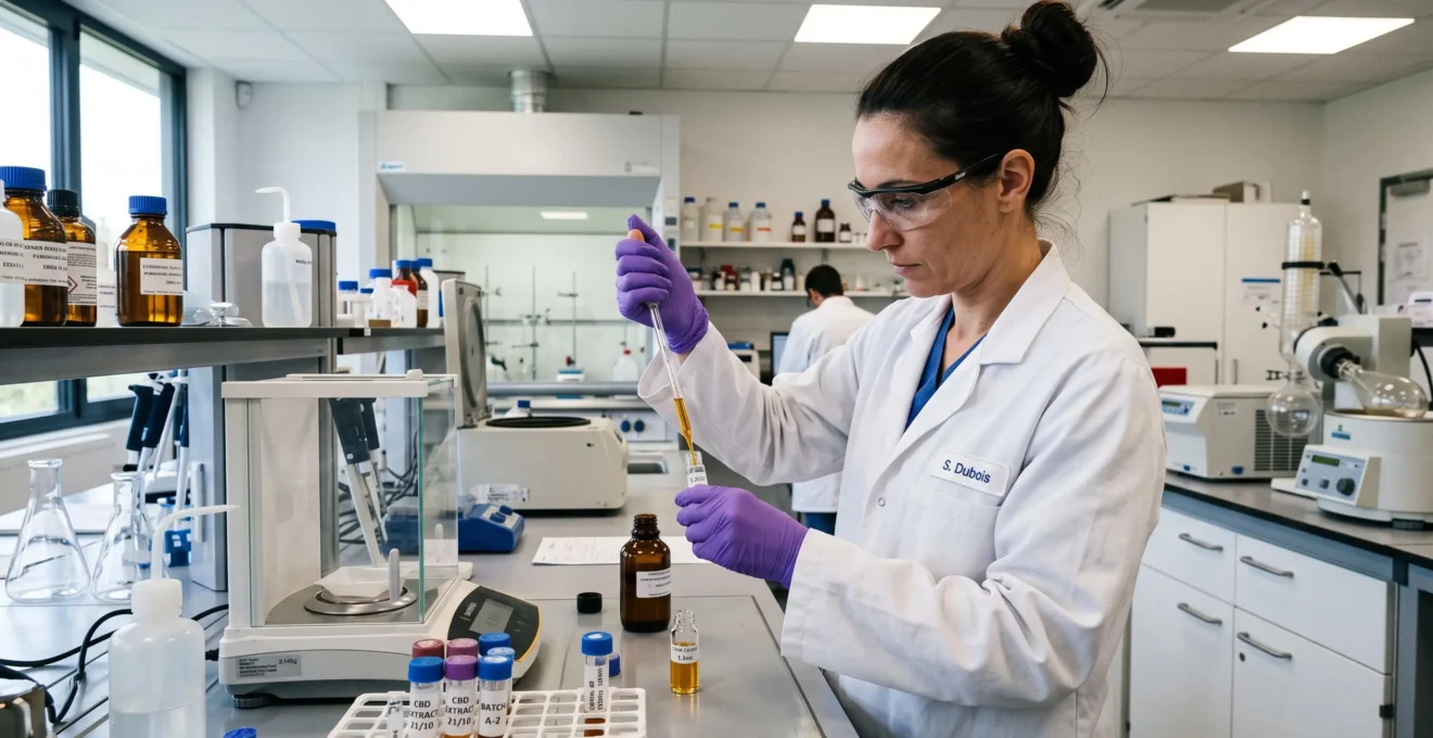 Technicien de laboratoire analysant un échantillon d'huile de CBD avec une pipette dans un environnement de laboratoire professionnel